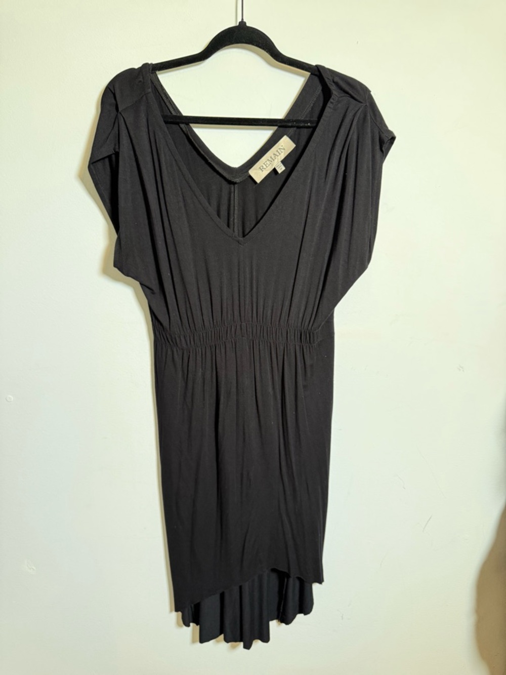 Remain Black Midi Dress‎ Minimalist V Neck Ruched Waist Flowy Capsule Wardrobe M